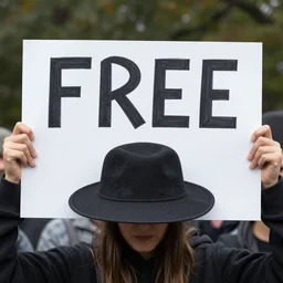 protester holding a sign that says free hat