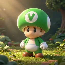 a green mario mushroom with the letter v on its'top