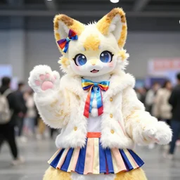 a cute anthropomorphic calico cat girl anthro fursuit is wearing vibrant ribbons and a fluffy coat and a striped skirt, high definition photo at a convention center