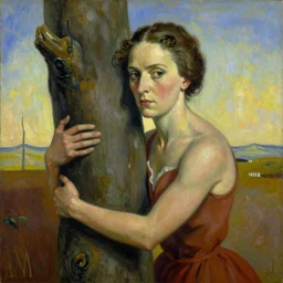 Marie Curie hugging a tree, surreal oil painting by Salvador Dalí