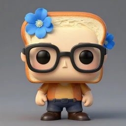 funko pop of a bread toast wearing eyeglasses and a blue flower, octane render