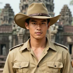 a smart and handsome and beautiful thai male dressed as hunter in armed, close - up portrait, with 6 0 s khaki western hat, khaki safari hunter costume, ancient khmer ruin in background, intricate, elegant, loin cloth, highly detailed, photography, artstation, concept art, matte, sharp focus, illustration, hearthstone, art by earl norem and lixin yin, hyperrealism,