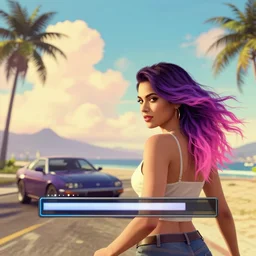 a stunning GTA V loading screen with a beautiful woman with ombre hairstyle in purple and pink blowing in the wind at the beach, outrun, vaporware, palm trees, retro, beautiful sky with cumulus couds, golden ratio, digital art, trending on artstation