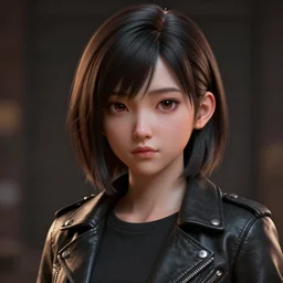 clothed, worksafe. cgsociety, by wlop, ilya kuvshinov, krenz cushart, greg rutkowski, trending on artstation. zbrush sculpt, octane, maya, houdini, vfx. close - up face of a cute anime japanese filipino girl wearing leather jacket. cinematic dramatic atmosphere, sharp focus, volumetric lighting.