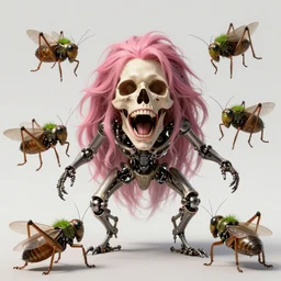 Death is swallowed up in victory, very detailed and beautiful face, pink hair, screaming, mechanical grasshopper attacks, artwork by artgerm, centered shot, wide angle, full body, Elfpunk, mythpunk, DD, fantasy, highly detailed, digital painting, artstation, smooth, sharp focus, art by thomas kinkade and H.R. Giger and Tyler Edlin