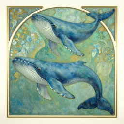 beautiful art nouveau painting of whales, blue and green