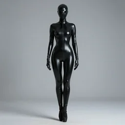 hooded flat slim thin petite female plague doctor, in extra tight shiny black seamless latex suit, long sleeves, turtleneck, trending on artstation, latex plague crow mask, ballet boots, establishing shot, fullbody shot