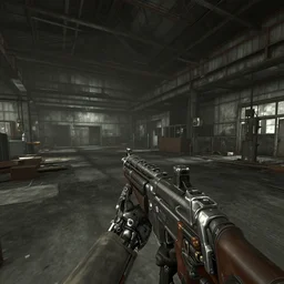 screenshot from horror fps, biomechanical first person weapon, dilapidated factory level, unreal engine, had 8 k