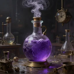 a steampunk painting of a vintage purple steaming potion bottle in a dark dusty vintage science lab, by h. r. giger, hyperrealistic fantasy art, concept matte, ethereal, dreamy, digital art, trending on artstation, volumetric cinematic lighting