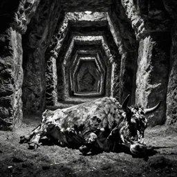 movie still of a cow's carcass into a big catacomb corridor, black and white, by andrei tarkovsky, heavy grain, trail cam, low quality