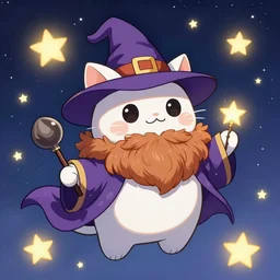 cartoonish kitten wearing a wizard cat and a fake beard floating in space, bright stars, anime, a fantasy digital painting by Greg Rutkowski and James Gurney, trending on Artstation, highly detailed