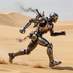 action photography, award winning photo of an ultra ultra detailed intricate steampunk robotic smoky humanoid running very very fast in the yellow sand, fast shutter speed, motion blur, tiny gaussian blur, highly detailed, highly intricate, depth of field, national geographic