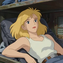 Character portrait of a tank top-clad blonde female airship mechanic resting in her cramped bunk, steampunk, beautiful face, striking eyes, highly detailed, digital art, cel shading, vintage anime still, by Studio Ghibli and Disney Animation, Alphonse Mucha