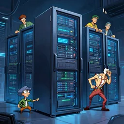 photo cartoon illustration comics manga painting of datacenter : 6 fantasy, digital painting, unreal engine, 8 k, volumetric lighting, contrast by john kirby by carl warner and jim woodring, trending on artstation
