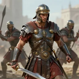 artstation concept art portrait of a roman soldier themed superhero in sword battle, realistic render, detailed, photorealistic, greg rutkowski and ruan jia, octane render,