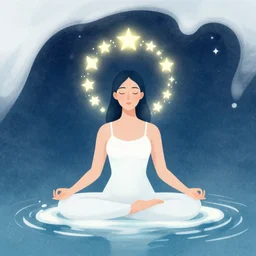 a woman meditating above water, with a ring of glowing stars around her head, illustration by chiara bautista, milk, logyu, ilka
