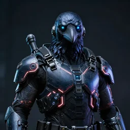 tactical neon exoskeleton armor, realistic anthropomorphic crow visible face, neon eyesight, science fiction, dark, portrait by donato giancola and greg rutkowski and wayne barlow, realistic face