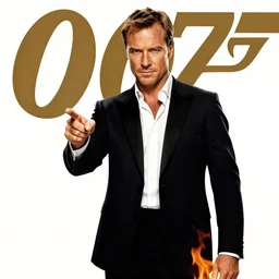 poster of ( james bond ) 0 0 7 portrait, ( james bond ) pointing stance, flames in background, highly detailed, concept art, trending on artstation, cinematic lighting, by ( ( tom whalen ) ), by artgerm