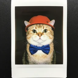a polaroid picture of a cat that is wearing a red cap and a blue bowtie