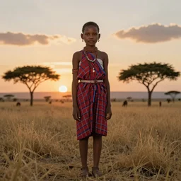 a maasai girl standing in the savanna during a sunset by studio ghibli