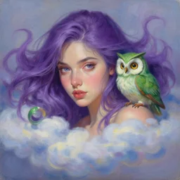 painting by krenz cushart!!, portrait of a beautiful girl and a little green owl, purple hair, floating in the clouds, finely detailed features, intricate brush strokes, beautiful lighting, trending on pixiv fanbox.