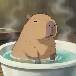 a capybara sitting in a steaming bathtub in the animated movie spirited away by hayao miyazaki!!!!, studio ghibli, animated movie, anime, beautiful