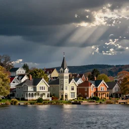 photo of a victorian town near a lake. Colour, Detailed.