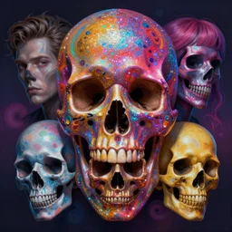 beautiful matte painting of psychedelic glittering skull by dan mumford and alex gray and lisa frank, HDR, vivid color, volumetric lighting,  CGsociety