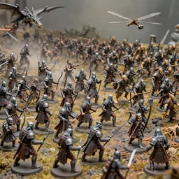 zoomed in photo taken of an epic intricate extremely detailed battlefield diorama, with highly detailed, exquisitely weathered 3 d printed characters. an army of high elves battling a horde of orcs, dragon fly overhead, macro shot, photorealistic, sharp focus, f 0. 4, golden ratio, soft light, wide angle lens, 3 9 0 0 k