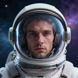 retrofuturistic portrait of a man with in astronaut helmet, smooth transparent visor, reflective gradient, detailed space nebula background, close up, quint buchholz, wlop, dan mumford, artgerm, liam brazier, peter mohrbacher, propaganda, featured on artstation, octane render, cinematic, elegant, intricate, 8 k, cyberpunk