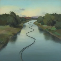 spirited away by anders zorn placid, somber. a river scene. the river is represented by a line winding through the center of the kinetic sculpture. the banks of the river are represented by two lines, one on each side.