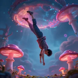 a matte painting of a human descending from sky, with magic mushrooms, neon light,hyper detail, 4k, dof, cinematic, by Cg society and Android Jones