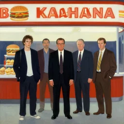jules from pulp fiction, christopher walken, gary oldman and ving rhames. in line at big kahuna burger. by edward hopper