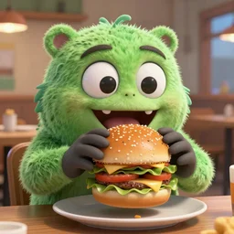 Huggy Wuggy from Poppy Playtime eating a hamburger in unreal engine, realistic shading, 4k image, detailed.