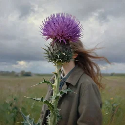 portrait, large thistle flower head, a girl wearing coat in field, surreal photography, wind, cloudy sky, dramatic light, impressionist painting, digital painting, artstation, simon stalenhag
