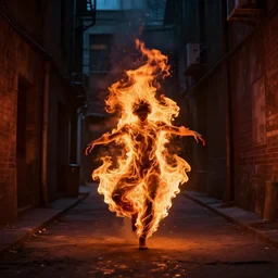 an anthropomorphic fire is dancing in a dark alley, awardy winning photo