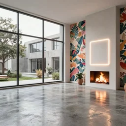 colour 3 5 mm, big open shiny concrete floor, big windows, architectural digest, beautiful wallpapers, big white neon lights, fire place