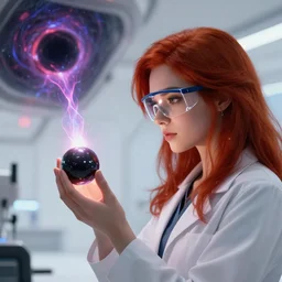 league of legends concept art beautiful young female scientist looking at small black glowing sphere in her hands, safety glasses, long red hair, futuristic laboratory in background, black hole with plasma jets, art by charles liu, close up profile shot, white interior, fantasy style, soft lighting, vibrant color scheme, volumetric lighting, octane render, commission art, 8 k resolution
