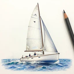 Colored pencil art on paper, Sailboat surfing the waves, highly detailed, artstation, MasterPiece, Award-Winning, Caran d'Ache Luminance
