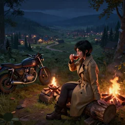 Last artwork by Jakub Rozalski, Top rated on artstation. Panoramic photograph on a girl with short black hair and green eyes in a tan trenchcoat sitting on a log and drinking tea by the campfire by her motorcycle at night, ray tracing, large landscape with village, in the style of Jakub Rozalski, 3d scene, render, ultra realistic, zenith view, Greg Rutkowski, artstation, cgsociety, level design, unreal engine