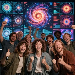 cinematic shot epic group happy humans, hyper realistic, mood lighting, fantasy, detailed wall of digital images, supercomputers text to images, beautiful singularities, highly detailed, super realistic, perfect lighting pixel sorting, style sheet