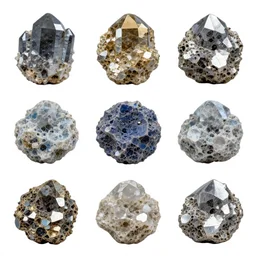 list of extraterrestrial minerals, crystals and metals, high quality catalog photo, no background