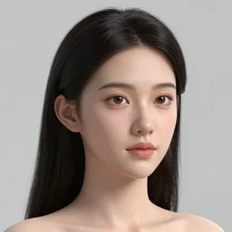complex 3 d render, ultra detailed, realistic headshot portrait of a beautiful porcelain skin woman, oval face, black long hair, wearing black dress, detailed fire almond eyes shape, round catchlights, red lipstick, plump lips, beautiful, studio portrait, proportional, the grand sala thai