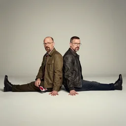 symmetrical bilateral half split portrait, saul goodman, walter white, 3 5 mm, wide angle