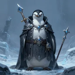 anthropomorphic evil penguin wearing gloomy artificer clothes, icy landscape, weapons, dnd, mystical, large frontal portrait, character, fantasy, intricate, elegant, digital painting, artstation, concept art, smooth, 8 k frostbite 3 engine, ultra detailed, art by artgerm and greg rutkowski and magali villeneuve