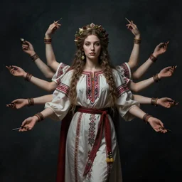 marana slavic goddess with six arms in traditional slavic clothes : ultra clear detailed : dark atmospheric color gamma : concept art zdzisław beksinski, hd, 4 k, ultra clear detailed