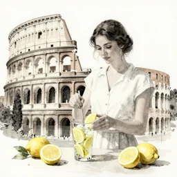 woman making lemonade in front of the colosseum, monochrome watercolor painting