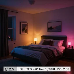 cosy modern bedroom, dramatic colored lighting, mysterious ambiance : : gregory crewdson photo style : : nikon d 8 1 0, ƒ / 2. 5, focal length : 8 5. 0 mm, exposure time : 1 / 8 0 0, iso : 2 0 0