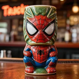 a closeup photorealistic photograph of a spider man style tiki mug sitting at a trader vic's bar featuring the face of spider man. tiki theme. bright scene. fine detail. this 4 k hd image is trending on artstation, featured on behance, well - rendered, extra crisp, features intricate detail, epic composition and the style of unreal engine.