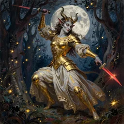 breathtaking detailed soft painting of a saint demon in golden armor and gauze dress, in night fireflies with crimson blades, dynamic pose and movement, in an intricate moonlight forest, rembrandt style, elegant, highly detailed, artstation, concept art, matte, sharp focus, art by tom bagshaw, luis royo and greg rutkowski